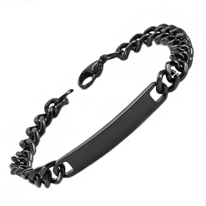 Macro detail of black stainless steel Cuban link bracelet with engravable identity tag