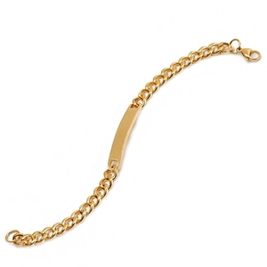 Detailed view of golden stainless steel Cuban chain bracelet with a curved engravable bar