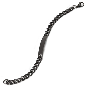 Macro detail of a black titanium steel Cuban link bracelet with a blank ID plate tag