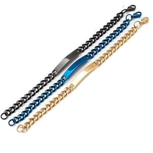 Customizable stainless steel Cuban curb chain bracelets in black, blue, and gold finishes