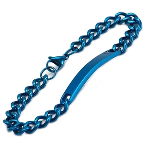 Polished blue titanium stainless steel Cuban chain bracelet with customizable ID plate