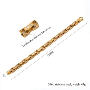 Gold 316L stainless steel Cuban chain bracelet with 2mm cubic zirconia inlays