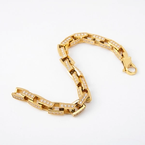 Gold plated 316L stainless steel Cuban chain bracelet with pavé-set cubic zirconia