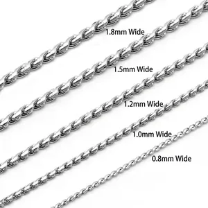 Five 304 stainless steel rope chains in widths from 0.8mm to 1.8mm on white background