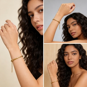 Detail of a 18K gold-plated stainless steel snake chain bracelet with adjustable lobster clasp