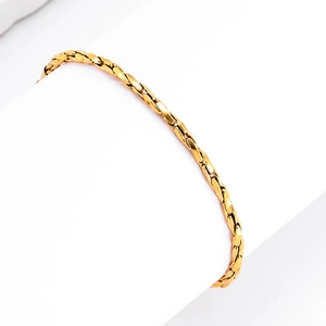 Detailed macro view of 18K gold-plated stainless steel snake chain bracelet with flat texture