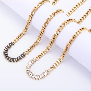 Stainless Steel Curb Chain Necklace With Baguette Cut Cubic Zirconia 18K Gold Plated Minimalist Square Zircon Choker