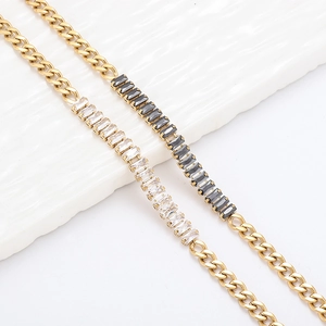 18K gold stainless steel Cuban chain necklace with clear and dark gray zircon stones