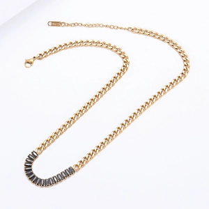 18K gold plated stainless steel Cuban chain necklace with a grey square zircon pendant
