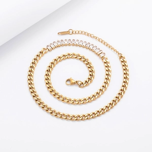 18K gold plated stainless steel Cuban chain necklace with rectangular zircon stones