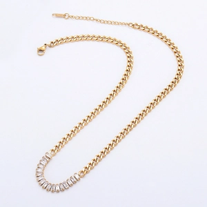 Detail of 18K gold stainless steel Cuban chain necklace with rectangular zircon stones