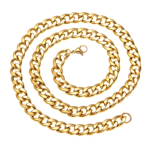 Golden stainless steel Cuban link necklace and bracelet set with secure lobster clasp