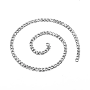 Detailed macro view of the silver stainless steel curb chain with a durable lobster clasp