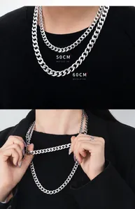 Detail of silver stainless steel Cuban link chain necklace in 50cm and 60cm lengths