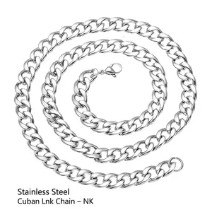Classic stainless steel NK Cuban chain necklace in silver tone with lobster clasp