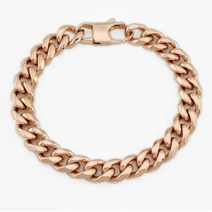 Close-up of rose gold Cuban link bracelet with high-polish finish and fold-over clasp