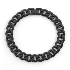 Detail of black polished stainless steel cuban link bracelet with secure square clasp