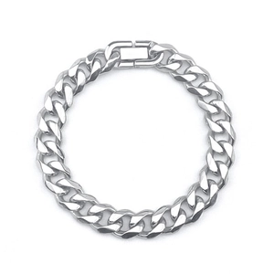 Detail of silver stainless steel Cuban link bracelet with secure rectangular clasp