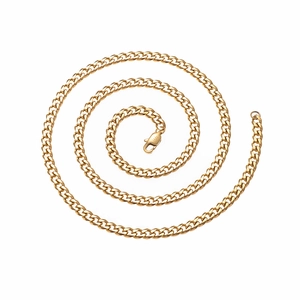 Golden stainless steel Cuban link necklace for men with lobster clasp on white background