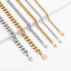 Polished stainless steel curb chains in gold and silver finishes with lobster clasp