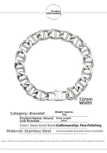 Detailed specs of 12mm stainless steel anchor link bracelet with width and length data