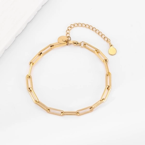 Detail eines 18K vergoldeten Büroklammer-Gliederarmbands mit Karabinerverschluss und Anhänger