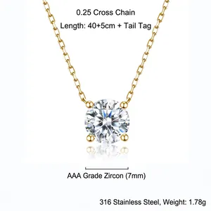 Collier pendentif zircone AAA 7mm sur chaîne en acier inoxydable 316L doré