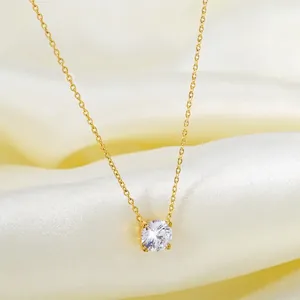 Collier élégant en acier inoxydable doré 18K avec pendentif solitaire zircon rond 7mm