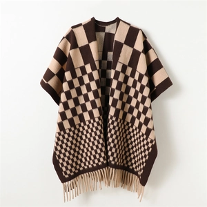 Checkerboard Pattern Knitted Poncho Shawl Retro Warm Polyester Wrap With Tassels Unisex Winter Accessories