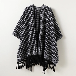Classic black and white houndstooth cashmere shawl with fringe trim for autumn and winter