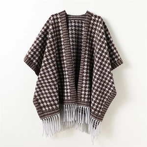 Vintage Houndstooth Poncho Cape For Women Men Winter Warm Tassel Shawl Wrap Polyester Knit Open Front Cardigan Outwear