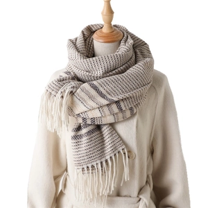 Classic herringbone plaid scarf with fringes in soft beige and charcoal grey tones