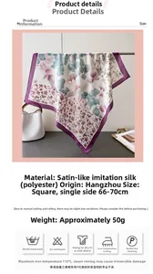 Detail info showing purple floral silk-like polyester square scarf and washing guide