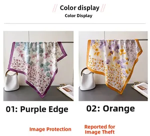 Detail view of printed silk scarves in purple leaf and orange ginkgo leaf patterns