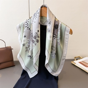 Floral print faux silk square scarf for women in green and white elegant pattern