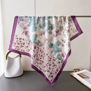 Elegant Satin Square Scarf Floral Print Botanical Pattern Contrast Border Hair Bandana For Women Fashion Accessories