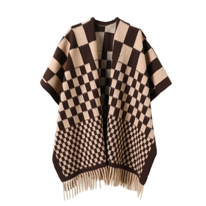 Brown and beige checkerboard knit poncho wrap with tassels for autumn and winter
