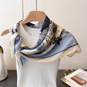 Elegant floral satin silk scarf with vintage sunflower print for women in blue and white