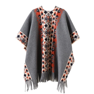 Ethnic geometric pattern reversible cashmere-feel shawl with tassel fringe