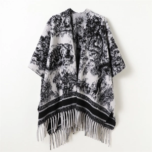 Ink painting style black and white shawl with tassels in soft faux cashmere fabric