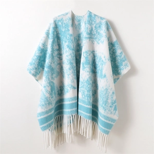 Women's blue and white ink wash pashmina shawl with tassel trim and fringe detail
