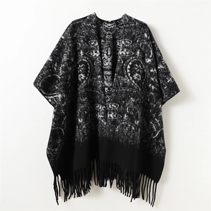 Retro black and white reversible cashmere-like shawl with geometric knit and tassels