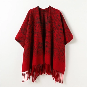 Red knit paisley shawl wrap with fringe edges for women, warm winter poncho cape
