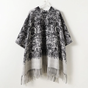 Retro grey and black knit shawl with ethnic jacquard pattern and fringe detailing