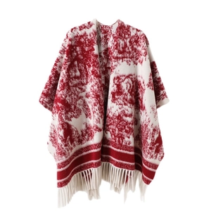 French Toile de Jouy red and white floral shawl with elegant tassels for women