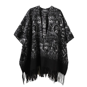 Retro geometric pattern knit shawl with black fringe tassels for autumn and winter