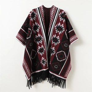 Ethnic geometric knit shawl with burgundy pattern and long black fringe tassels