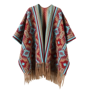 Ethnic geometric cashmere-like shawl with tassels in brick red and lake blue patterns