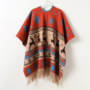 Winter geometric reindeer color block knit poncho shawl with fringe and snowflake patterns