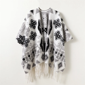 Poncho Scialle Fiocco Di Neve Geometrico Sciarpa Invernale Calda Con Nappe Stile Boho Etnico Per Uomo E Donna Maglia In Poliestere
